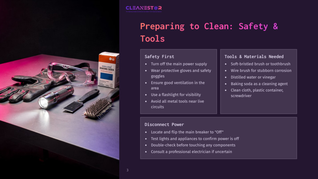 Safety Gear For Cleaning, Including Gloves, Goggles, A Flashlight, And Baking Soda, Is Laid Out On A Metal Surface Next To A Box Of Arm &Amp; Hammer Baking Soda. The Image Is Part Of A &Quot;Preparing To Clean&Quot; Guide.