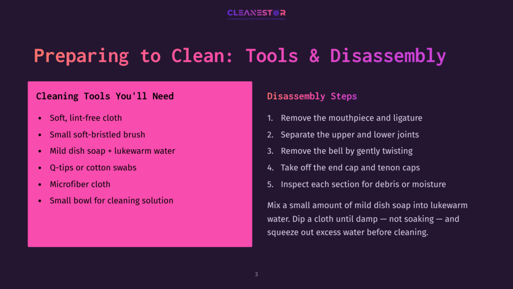 A Slide Titled &Quot;Preparing To Clean: Tools &Amp; Disassembly&Quot; Lists Cleaning Tools Like Soft Cloths And Mild Soap, And Disassembly Steps For A Musical Instrument, Possibly A Brass Instrument Like A Trumpet.