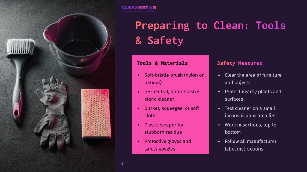 Top-Down View Of Cleaning Supplies: A Scrub Brush, Two Buckets, Gloves, And A Sponge, Next To A Slide With Text &Quot;Preparing To Clean: Tools &Amp; Safety&Quot; And &Quot;Tools &Amp; Materials&Quot; And &Quot;Safety Measures&Quot;.