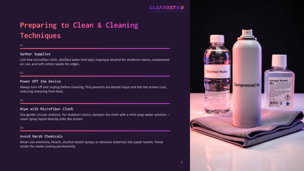 Cleaning Supplies For Electronics: Compressed Air, Isopropyl Alcohol, And Microfiber Cloth, Arranged On A Clean Surface.