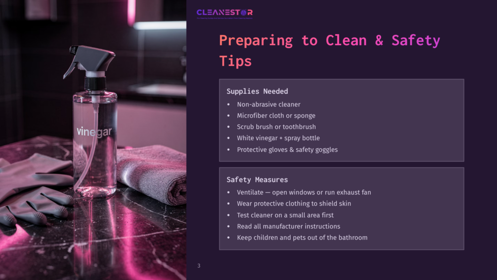 3 Preparing To Clean And Safety Tips A Cleaning Supplies Still Life: A Spray Bottle Labeled &Quot;Vinegar,&Quot; Gray Cleaning Gloves, And A Microfiber Cloth Are Arranged On A Dark Marble Countertop, With A Presentation Slide Titled &Quot;Preparing To Clean &Amp; Safety Tips&Quot; In The Background.