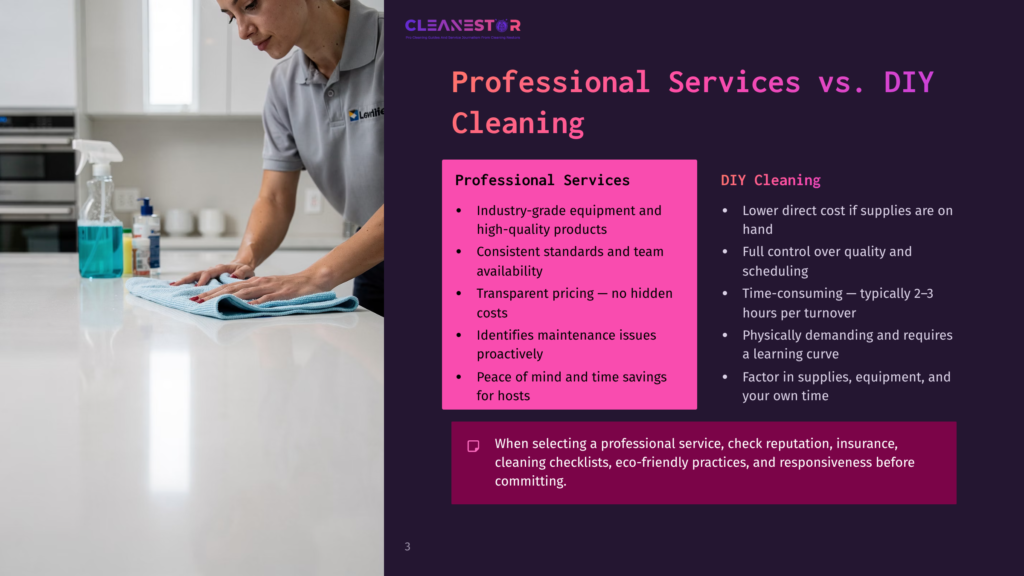 3 Professional Services Vs Diy Cleaning A Professional Cleaner In A Grey Shirt And Blue Apron Wipes Down A White Countertop With A Blue Cloth, Holding A Spray Bottle. The Text &Quot;Cleanestor&Quot; And &Quot;Professional Services Vs. Diy Cleaning&Quot; Is Visible.