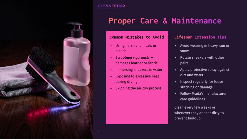 A Sneaker Cleaning Brush And Bottle Of Cleaning Solution Sit On A Wooden Surface, With A Purple And Pink Gradient Background. Text On The Background Lists &Quot;Common Mistakes To Avoid&Quot; And &Quot;Lifespan Extension Tips&Quot; For Shoe Care.