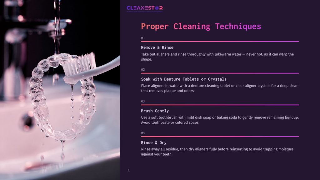 Close-Up Of Clear Aligners Being Rinsed Under A Faucet With A Toothbrush Nearby, With Text Overlay Detailing Proper Cleaning Techniques For Aligners.