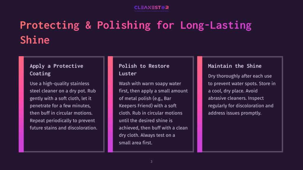 A Graphic With The Title &Quot;Protecting &Amp; Polishing For Long-Lasting Shine&Quot; And Three Columns Of Text Detailing How To Protect, Polish, And Maintain The Shine Of Stainless Steel.
