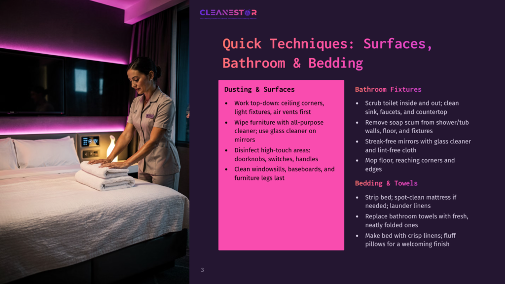 3 Quick Techniques Surfaces Bathroom And Bedding A Hotel Cleaning Staff Member In Uniform Dusts The Ceiling Corners And Light Fixtures Of A Bedroom, With A Neatly Made Bed And Clean Bathroom Fixtures Visible In The Background.
