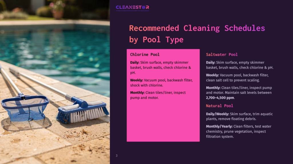 3 Recommended Cleaning Schedules By Pool Type Pool Cleaning Tools, Including A Skimmer Net And Brush, Rest On The Wet, Tiled Edge Of A Sparkling Blue Swimming Pool. Text Overlay Provides Recommended Cleaning Schedules For Chlorine And Saltwater Pools.
