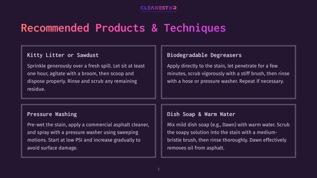 Cleanestor Infographic Titled &Quot;Recommended Products &Amp; Techniques&Quot; With Four Sections: Kitty Litter Or Sawdust, Biodegradable Degreasers, Pressure Washing, And Dish Soap &Amp; Warm Water.