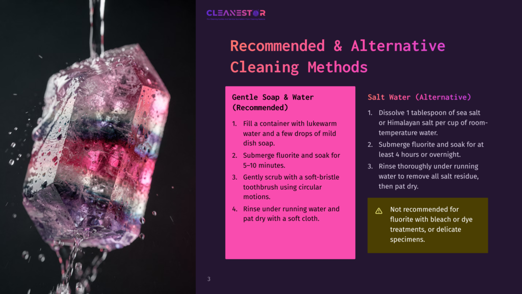3 Recommended And Alternative Cleaning Methods Close-Up Of A Large, Faceted Fluorite Crystal With Purple And Green Bands Being Rinsed Under Flowing Water, With Text Overlay Detailing Cleaning Methods.
