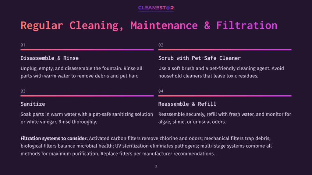 Infographic Detailing Regular Cleaning, Maintenance &Amp; Filtration For Pet Fountains. Steps Include Disassemble &Amp; Rinse, Scrub With Pet-Safe Cleaner, Sanitize, And Reassemble &Amp; Refill. Features Text About Filtration Systems.