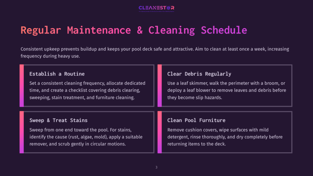 A Dark Purple Slide Deck Titled &Quot;Regular Maintenance &Amp; Cleaning Schedule&Quot; With The Cleanestor Logo At The Top. The Slide Is Divided Into Four Sections: &Quot;Establish A Routine,&Quot; &Quot;Clear Debris Regularly,&Quot; &Quot;Sweep &Amp; Treat Stains,&Quot; And &Quot;Clean Pool Furniture,&Quot; Each With Bulleted Text.