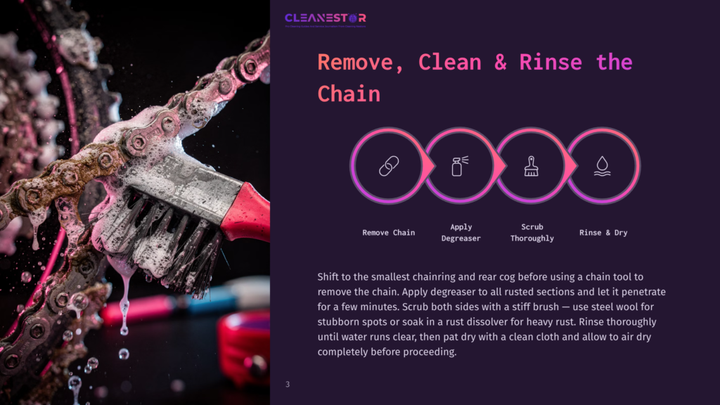 Close-Up Of A Bicycle Chain Being Cleaned With A Brush And Foamy Degreaser, With Icons Illustrating Steps: Remove Chain, Apply Degreaser, Scrub Thoroughly, Rinse &Amp; Dry.