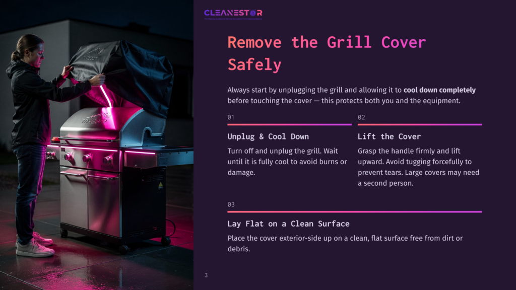 A Person In A Black Jacket Uncovers A Stainless Steel Grill With Pink Neon Lights, Removing A Black Grill Cover. Instructions For Removing The Grill Cover Are Visible.