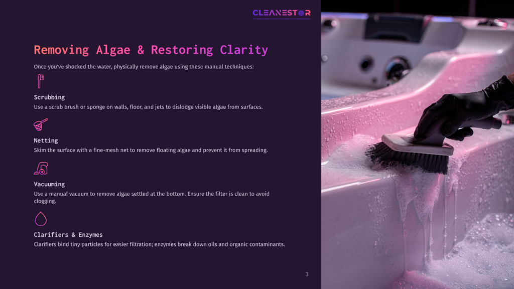 A Person In Black Gloves Uses A White Brush To Clean A Pink Jacuzzi, With Water Splashing. The Image Also Shows A List Of Cleaning Tips For Removing Algae From The Water.