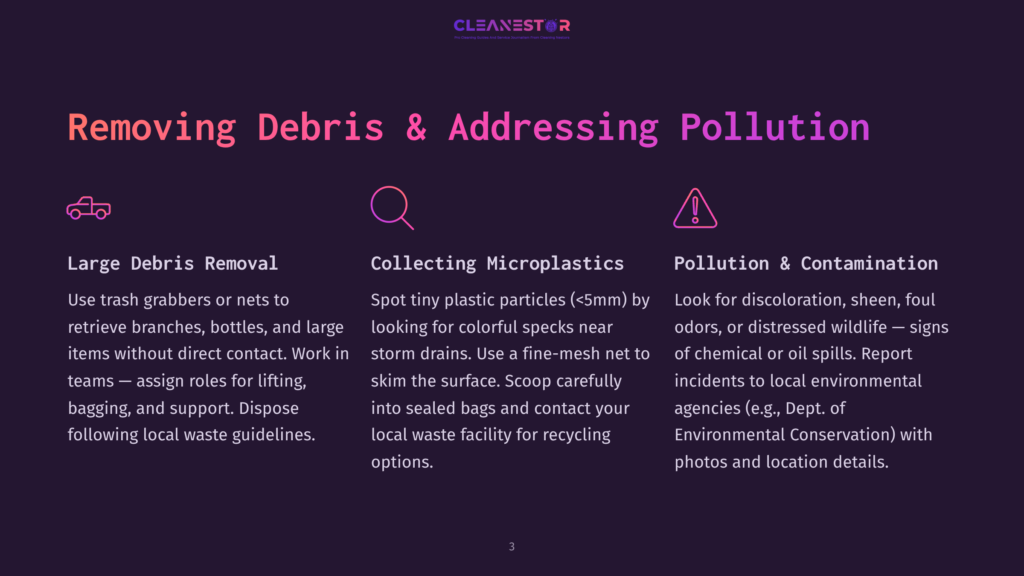 3 Removing Debris And Addressing Pollution Three Sections On A Dark Purple Background Illustrate &Quot;Removing Debris &Amp; Addressing Pollution&Quot;: Large Debris Removal With Trash Grabbers Icon, Collecting Microplastics With A Magnifying Glass Icon, And Pollution &Amp; Contamination With A Warning Sign Icon.