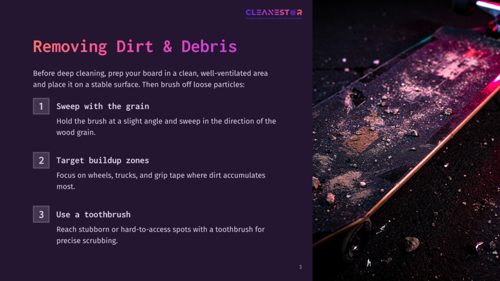 Close-Up Of A Dirty Skateboard Deck With Wood Grain, Covered In Dust And Debris. Text On The Left Outlines Steps For Cleaning A Skateboard, Including &Quot;Sweep With The Grain,&Quot; &Quot;Target Buildup Zones,&Quot; And &Quot;Use A Toothbrush.