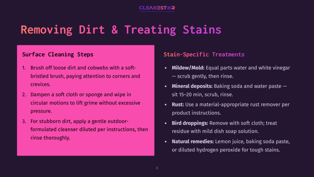 A Slide Titled &Quot;Removing Dirt &Amp; Treating Stains&Quot; From Cleanestor, Detailing Surface Cleaning Steps And Stain-Specific Treatments For Mildew, Mineral Deposits, Rust, And Natural Remedies.