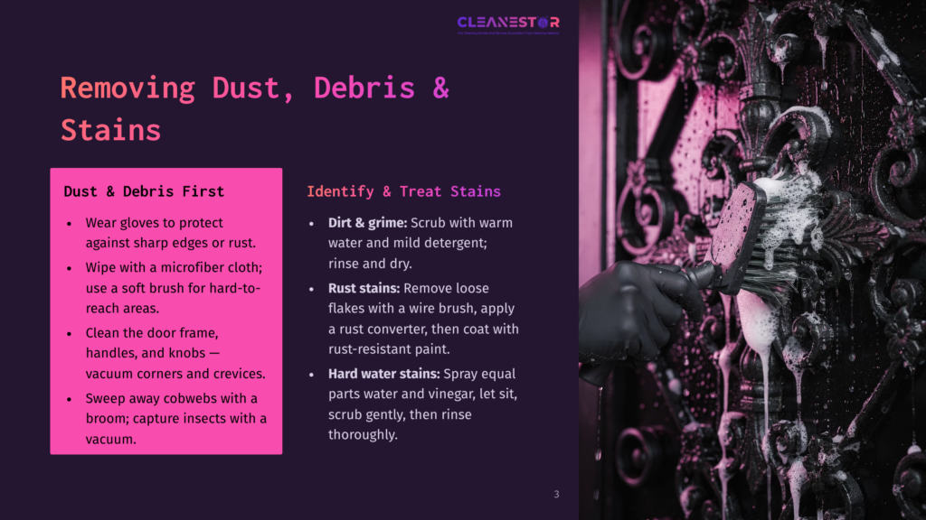 An Individual Wearing Black Gloves Is Cleaning A Black Iron Door With A Brush, Demonstrating The Process Of Removing Dirt And Grime. A Text Box To The Left Outlines Steps For Dust And Debris Removal.