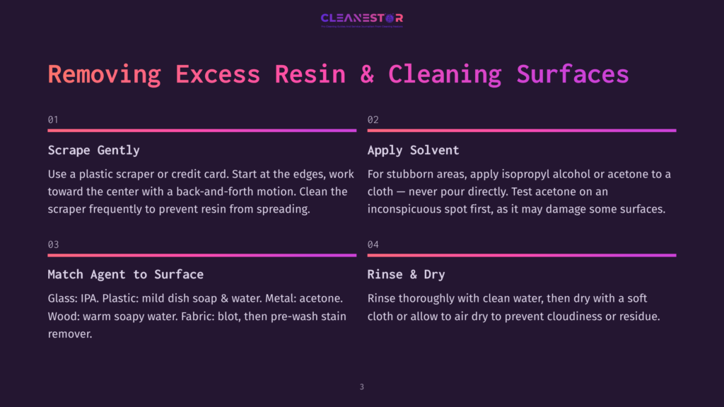 Infographic Titled &Quot;Removing Excess Resin &Amp; Cleaning Surfaces,&Quot; Detailing Four Steps: Scrape Gently, Apply Solvent, Match Agent To Surface, And Rinse &Amp; Dry, With Instructions For Each Step.