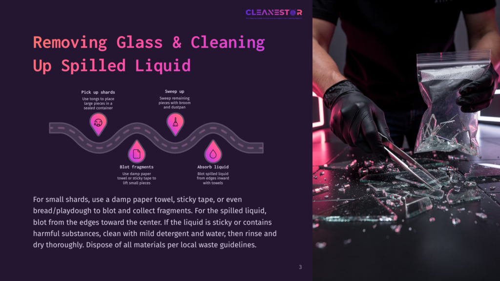 Close-Up Of A Person Wearing Black Gloves Carefully Picking Up Shards Of Broken Glass From A Dark, Reflective Surface With Tweezers, Following Instructions On Removing Glass And Cleaning Up Spilled Liquid.