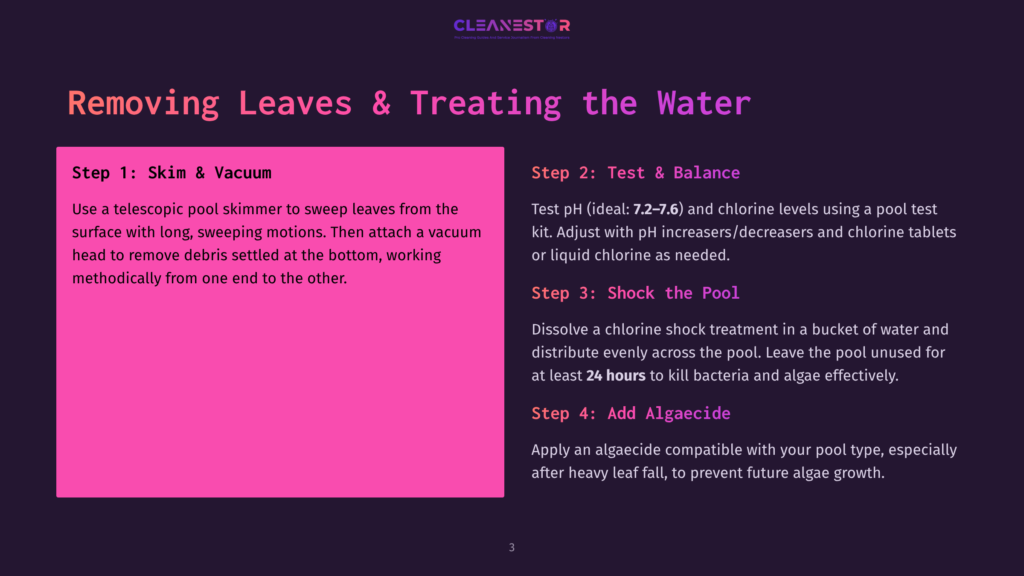An Infographic Displays Four Steps To Remove Leaves And Treat Pool Water, With A Purple Background And Pink Accents. Step 1 Is &Quot;Skim &Amp; Vacuum,&Quot; Using A Telescoping Skimmer. Step 2 Is &Quot;Test &Amp; Balance,&Quot; Adjusting Ph And Chlorine Levels. Step 3 Is &Quot;Shock The Pool,&Quot; Using A Chlorine Treatment. Step 4 Is &Quot;Add Algaecide,&Quot; To Prevent Future Algae Growth.