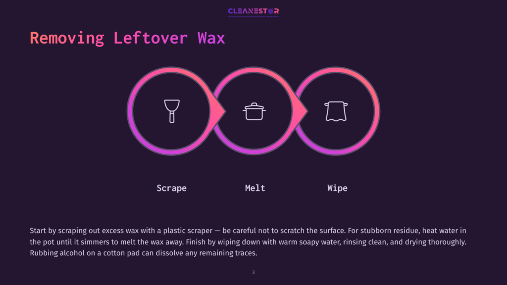 Diagram Illustrating How To Remove Leftover Wax: Scrape With A Tool, Melt With Heat, And Wipe Clean With A Cloth. The Steps Are Shown In A Gradient Pink And Purple Circular Flow Chart.