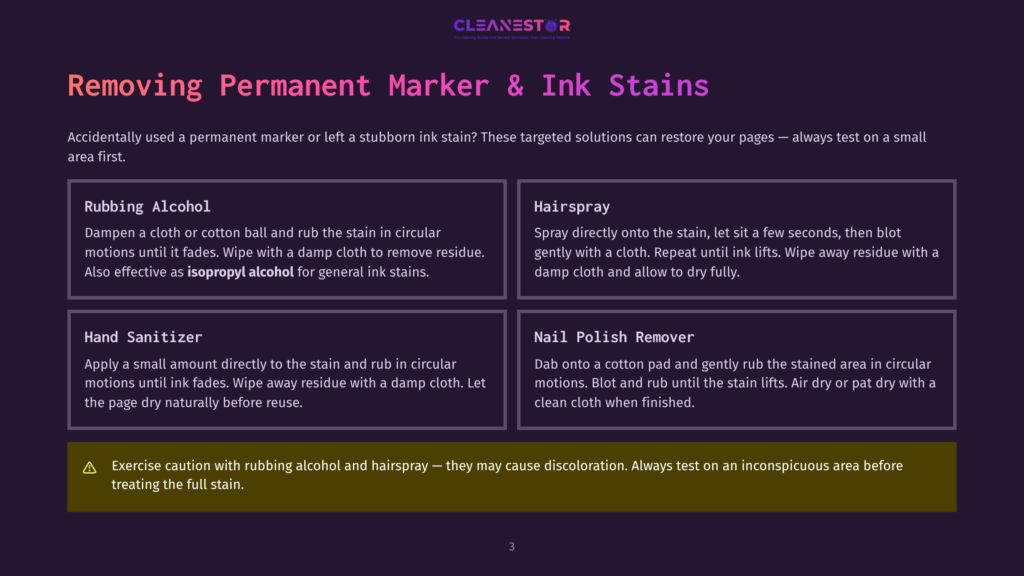 Infographic Detailing Methods For Removing Permanent Marker And Ink Stains, Including Rubbing Alcohol, Hairspray, Hand Sanitizer, And Nail Polish Remover, With A Warning About Potential Discoloration.