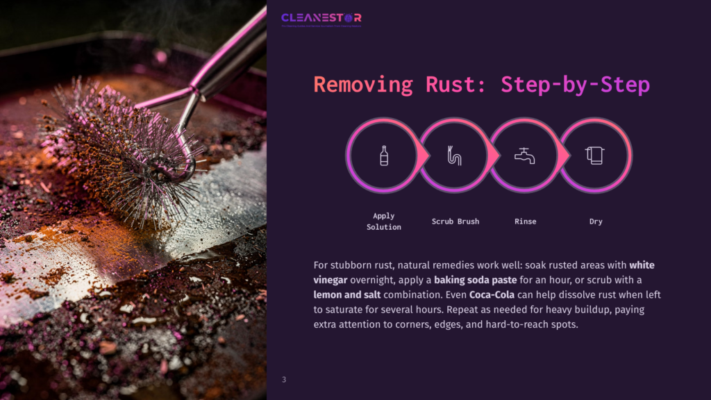 3 Removing Rust Step By Step Close-Up Of A Wire Brush Aggressively Scrubbing A Heavily Rusted Metal Surface, With A Graphic Illustrating The Steps For Removing Rust: Apply Solution, Scrub Brush, Rinse, Dry.