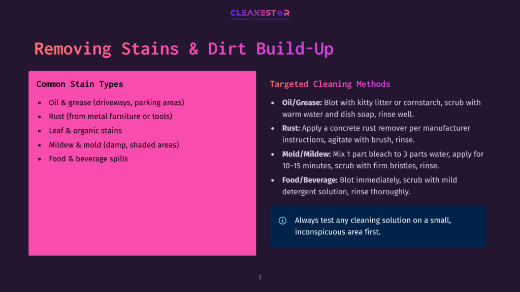 Dark Background Slide With Pink And Purple Text Titled &Quot;Removing Stains &Amp; Dirt Build-Up.&Quot; Left Side Lists Common Stain Types: Oil &Amp; Grease, Rust, Leaf &Amp; Organic, Mildew &Amp; Mold, Food &Amp; Beverage. Right Side Details Targeted Cleaning Methods For These Stains.