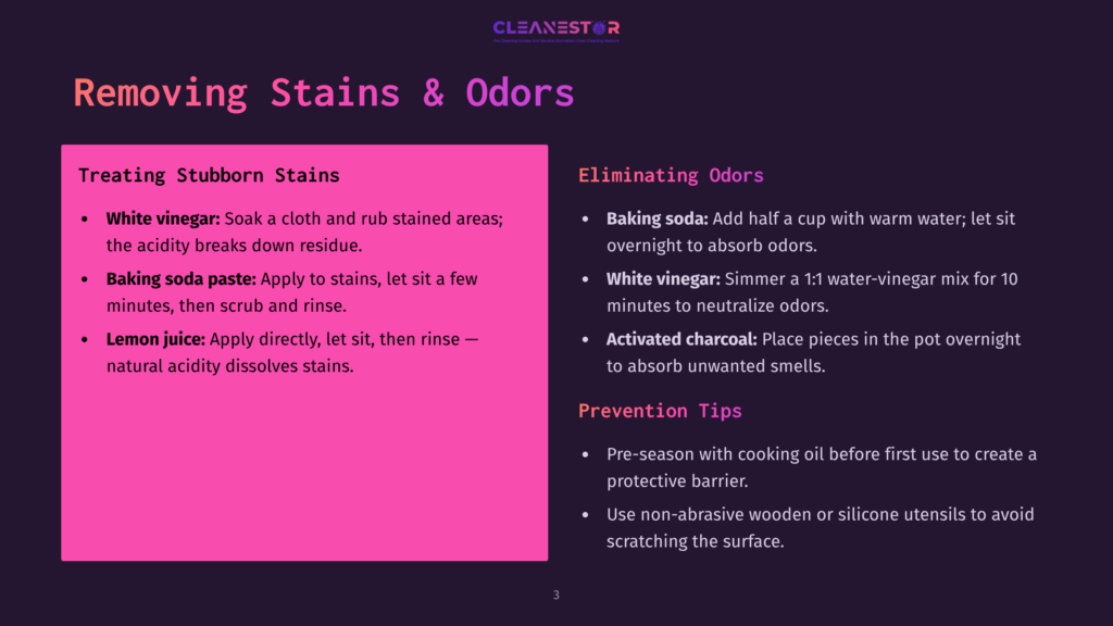A Presentation Slide Titled &Quot;Removing Stains &Amp; Odors&Quot; With Two Columns: &Quot;Treating Stubborn Stains&Quot; (Listing White Vinegar, Baking Soda Paste, And Lemon Juice) And &Quot;Eliminating Odors&Quot; (Listing Baking Soda, White Vinegar, And Activated Charcoal).