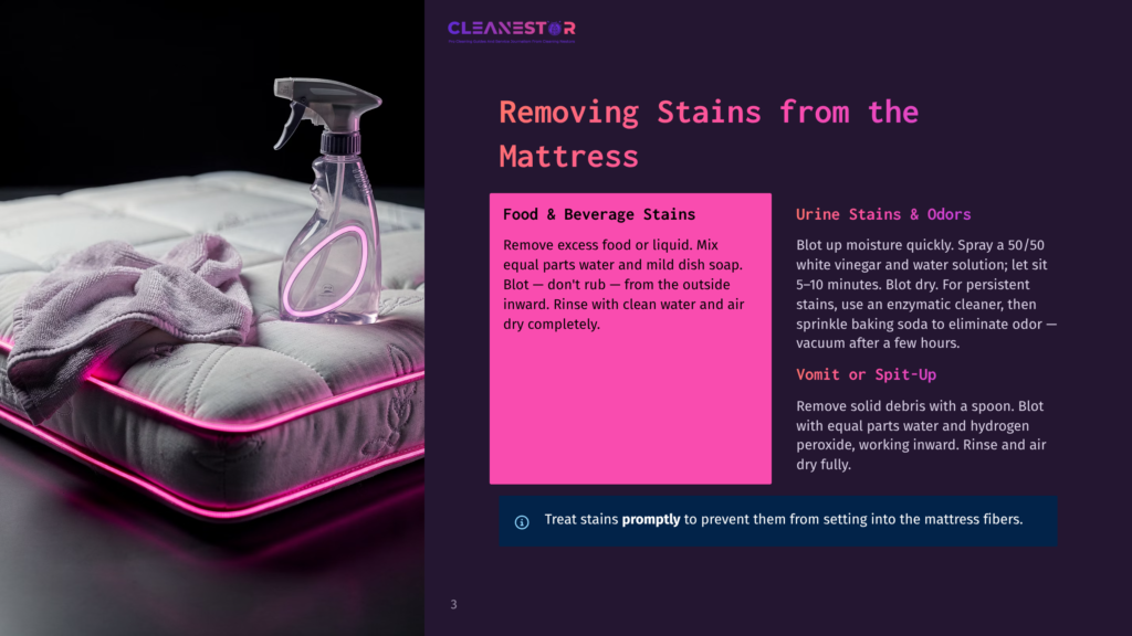 3 Removing Stains From The Mattress A White Mattress With Neon Pink Trim Sits On A Surface, With A Spray Bottle And Folded Towels On Top. Text On The Right Reads &Quot;Cleanestor&Quot; And &Quot;Removing Stains From The Mattress.