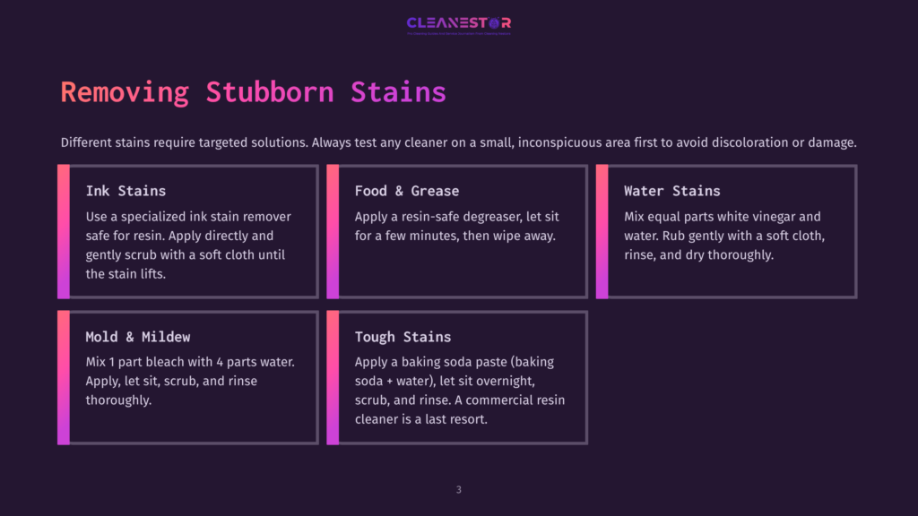A Dark Purple Graphic Titled &Quot;Removing Stubborn Stains&Quot; From Cleanestor, Detailing Solutions For Ink, Food &Amp; Grease, Water Stains, Mold &Amp; Mildew, And Tough Stains.