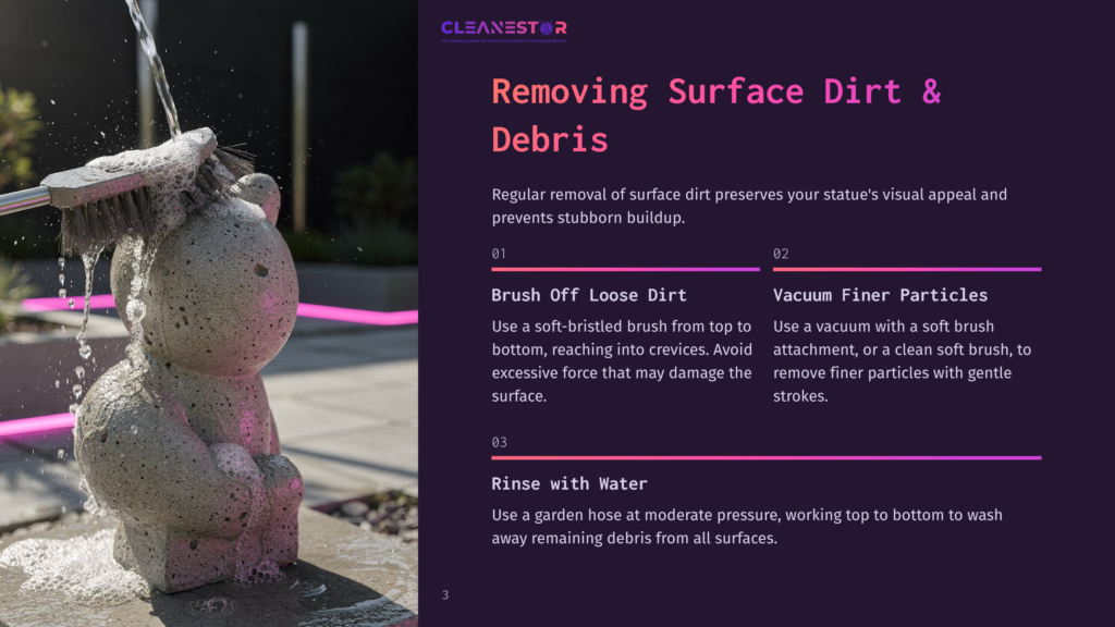 3 Removing Surface Dirt And Debris Close-Up Of A Concrete Bear Statue Being Cleaned With A Soft-Bristled Brush And Water. Instructions For Removing Surface Dirt And Debris From Statues Are Visible.