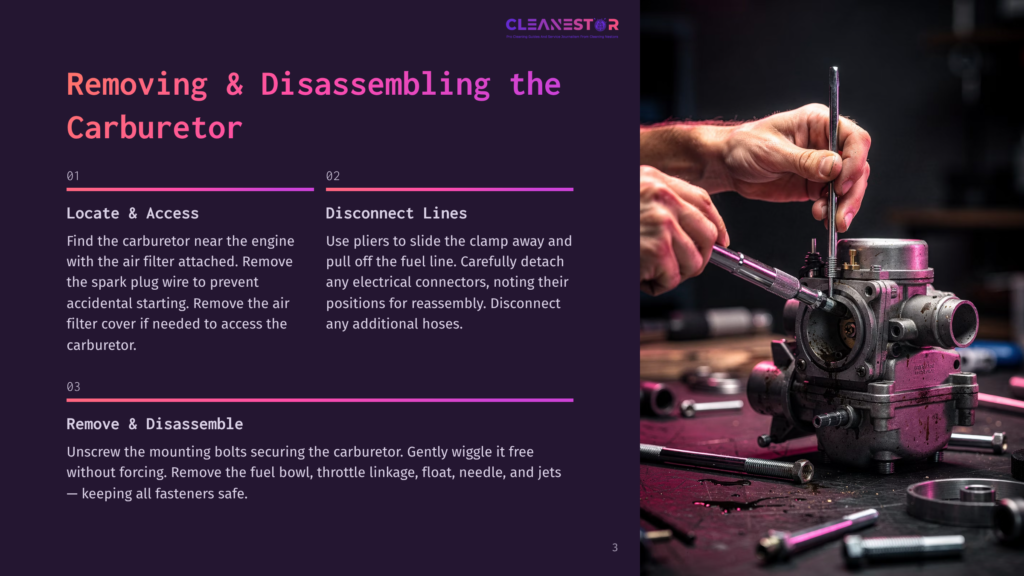 A Hand Uses A Tool To Loosen A Bolt On A Carburetor, With The Engine And Various Tools In The Background. The Carburetor Is Purple With Silver And Black Components.