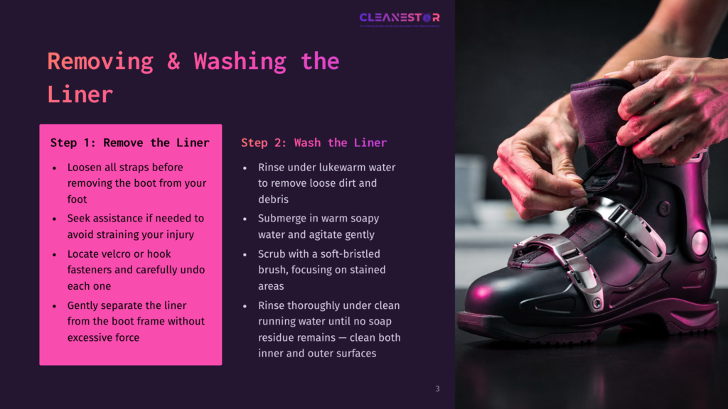 Close-Up Of Hands Removing A Ski Boot Liner, With Text Overlay Detailing Steps For &Quot;Removing &Amp; Washing The Liner&Quot; And &Quot;Step 1: Remove The Liner,&Quot; &Quot;Step 2: Wash The Liner.