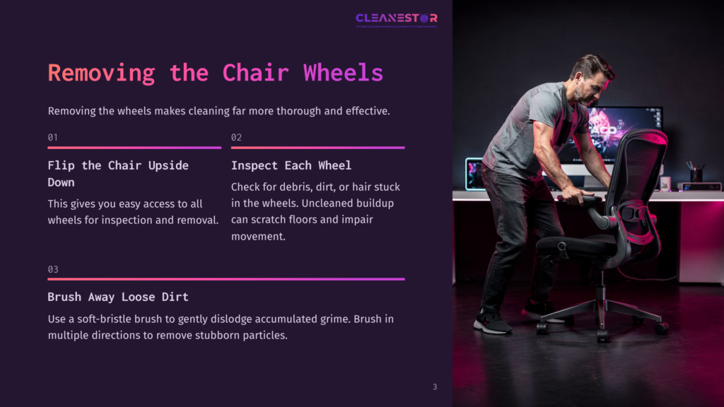 3 Removing The Chair Wheels A Man Removes The Wheels From An Office Chair, Demonstrating How To Clean Office Chair Wheels For Better Maintenance. The Image Highlights Steps 01, 02, And 03: Flip The Chair Upside Down, Inspect Each Wheel, And Brush Away Loose Dirt.