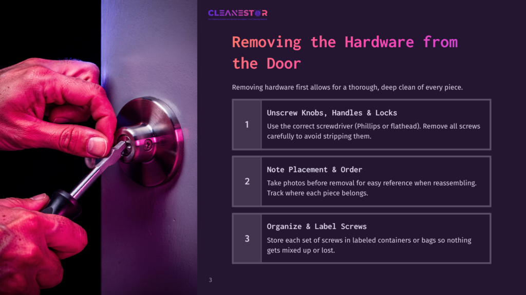 3 Removing The Hardware From The Door Close-Up Of Hands Unscrewing A Doorknob With A Screwdriver, Illustrating Hardware Removal For Cleaning Or Repair. Text Overlay: &Quot;Removing The Hardware From The Door.