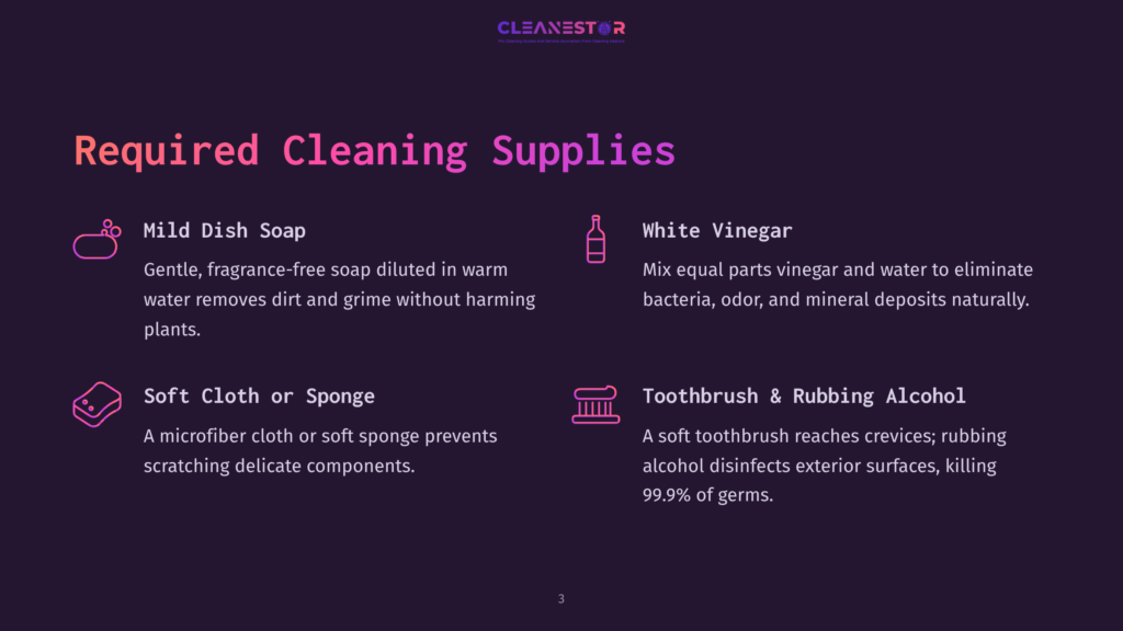 A Dark Background With The Title &Quot;Required Cleaning Supplies&Quot; In Large, Bold, Pink Text. Below Are Four Sections Listing Cleaning Supplies: Mild Dish Soap, Soft Cloth Or Sponge, White Vinegar, And Toothbrush &Amp; Rubbing Alcohol, Each With An Icon And Brief Description.
