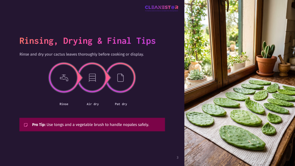 Nopales (Prickly Pear Cactus Pads) Are Laid Out On A Textured Mat To Dry, With Water Droplets Visible On Their Green Surfaces. The Image Is Framed By A Sunlit Window With Potted Plants In The Background.