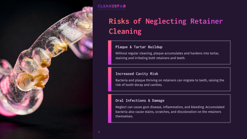 3 Risks Of Neglecting Retainer Cleaning Close-Up Of A Dirty, Yellowed Clear Dental Retainer With Visible Plaque And Debris, Highlighting The Risks Of Neglecting Retainer Cleaning.