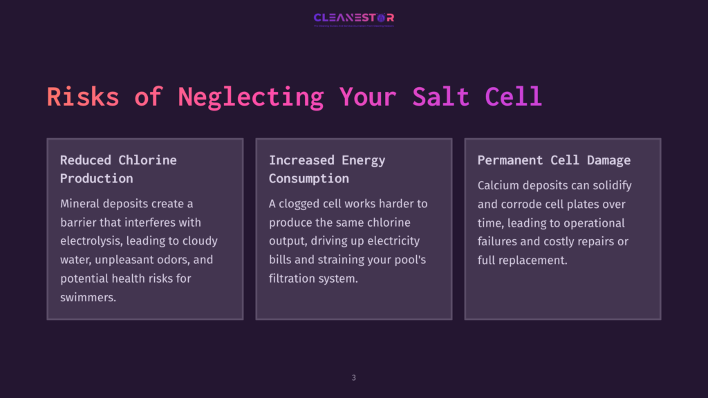 Infographic Titled &Quot;Risks Of Neglecting Your Salt Cell&Quot; With Three Columns Detailing Reduced Chlorine Production, Increased Energy Consumption, And Permanent Cell Damage Due To Mineral Deposits In Salt Water Pools.