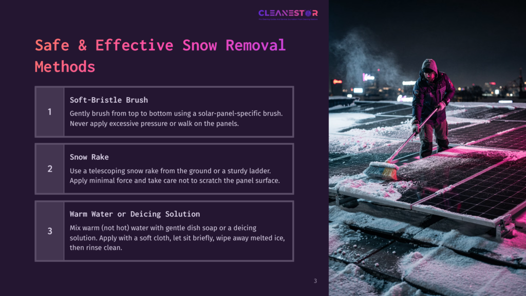 3 Safe And Effective Snow Removal Methods A Person In A Red Jacket And Black Pants Uses A Broom To Clear Snow From Solar Panels On A Rooftop At Night. The Scene Is Illuminated By Pink And Blue Lights, Showing Snow-Covered Panels And A Distant City Skyline.