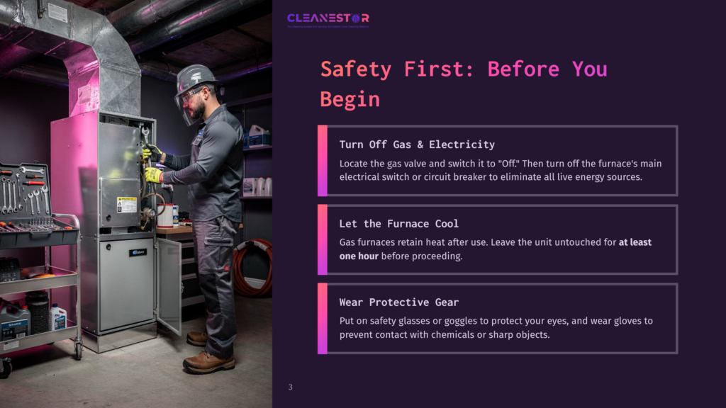 3 Safety First Before You Begin 1 Technician In Safety Gear Inspects A Furnace, With &Quot;Safety First: Before You Begin&Quot; Text Overlaying The Right Side Of The Image.