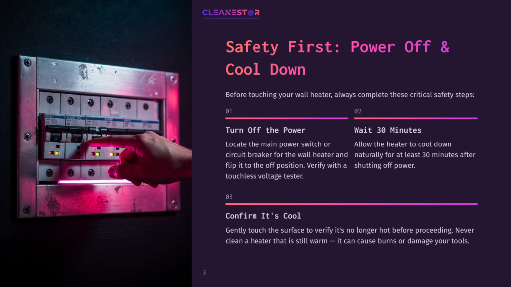 Close-Up Of A Hand Flipping A Breaker Switch In A Metal Electrical Panel With Pink And Purple Lighting. Text On The Right Advises &Quot;Safety First: Power Off &Amp; Cool Down&Quot; With Numbered Steps.