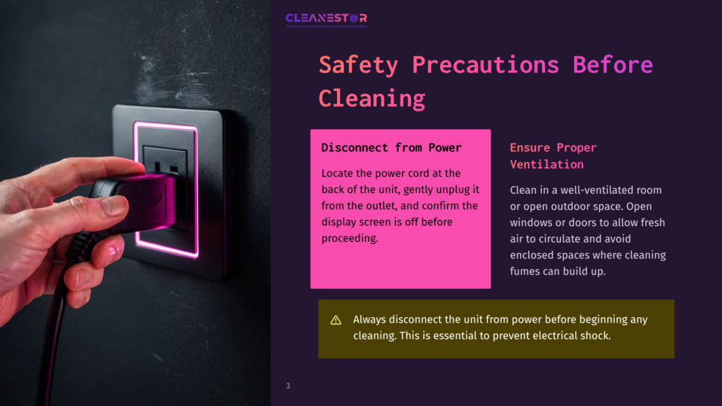 Close-Up Of A Hand Unplugging A Black Power Cord From A Glowing Pink And Black Electrical Outlet, Illustrating Safety Precautions Before Cleaning.