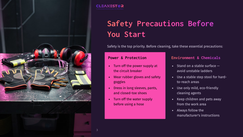 3 Safety Precautions Before You Start 1 Safety Gear Including Goggles And Gloves Rests On A Metal Surface Next To A Power Strip, With Text Emphasizing &Quot;Safety Precautions Before You Start&Quot; And &Quot;Power &Amp; Protection&Quot; With Bullet Points On Safe Practices For Cleaning.