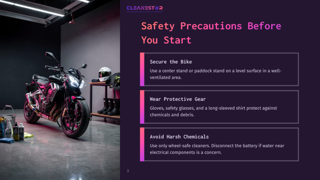 Motorcycle Cleaning Safety Precautions: Secure The Bike On A Level Surface, Wear Protective Gear Like Gloves And Glasses, And Avoid Harsh Chemicals. Text Overlay Includes &Quot;Cleanestor&Quot; Logo And Safety Tips.