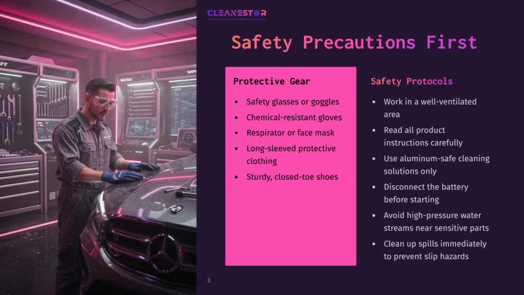 A Mechanic In A Workshop Wears Safety Glasses, Gloves, And A Lab Coat While Working On A Car. The &Quot;Cleanestor&Quot; Logo And &Quot;Safety Precautions First&Quot; Are Visible On A Pink Sign In The Background.