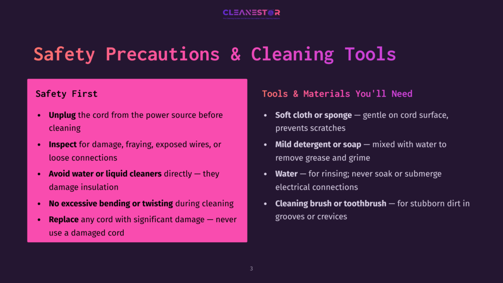 3 Safety Precautions And Cleaning Tools Safety Precautions And Cleaning Tools For Electronics, Featuring A Pink And Purple Slide With Text About Unplugging, Inspecting, And Avoiding Water Damage. Keywords: Safety First, Cleaning Tools, Soft Cloth, Mild Detergent, Soap, Toothbrush.