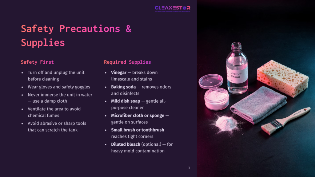 3 Safety Precautions And Supplies A Flat Lay Of Safety Precautions And Supplies For Cleaning, Including Vinegar, Baking Soda, Mild Dish Soap, Microfiber Cloth, Sponge, And Small Brush Or Toothbrush. A Bottle Of Vinegar, A Container Of Baking Soda, A Bottle Of Mild Dish Soap, A Sponge, A Cloth, And A Small Brush Are On A Dark Background.